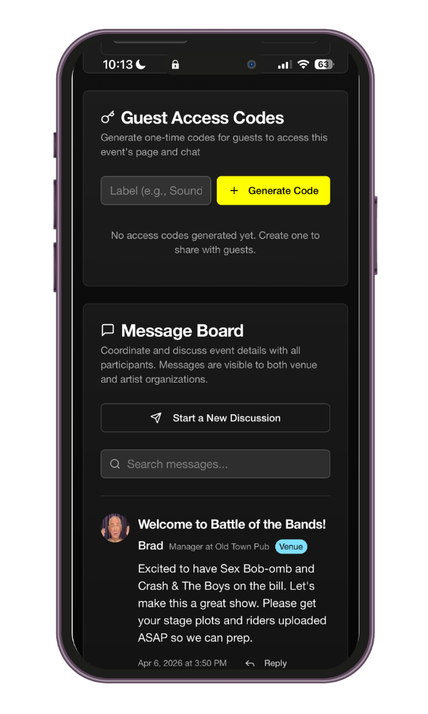 Guest access codes and message board in Hacienda