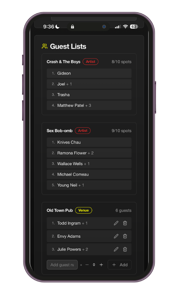 The Hacienda guest list management screen